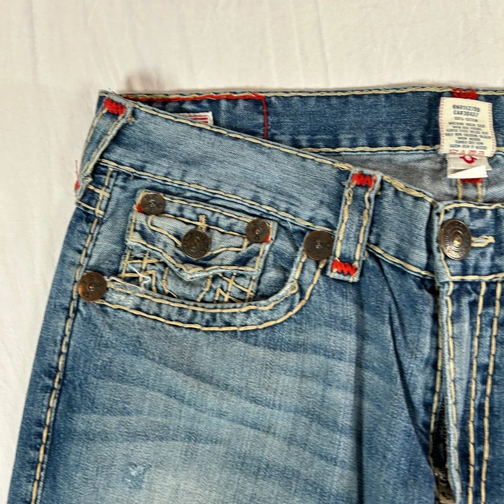 True Religion Ricky Super T Mens 40 Blue Jean Red Thick Stitch Straight Made USA